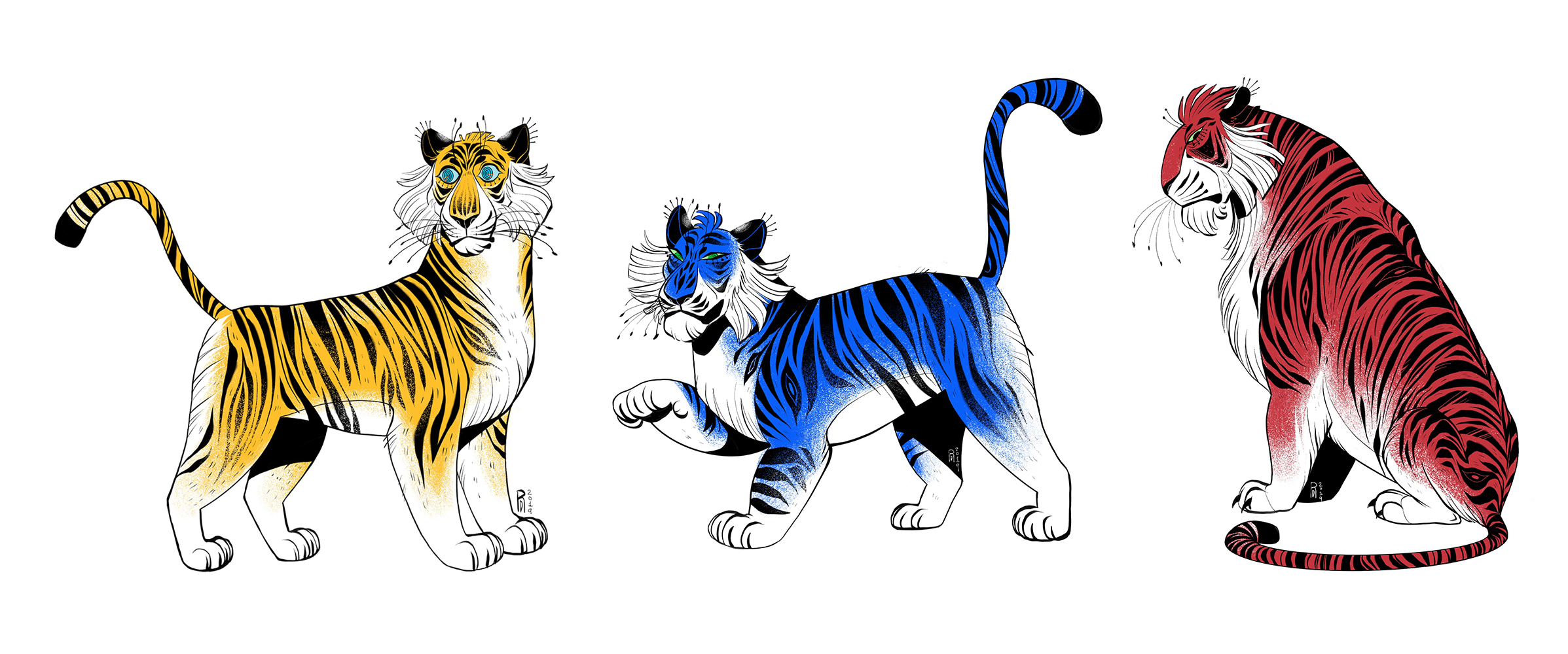 Primary colored tigers – three tigers illustration