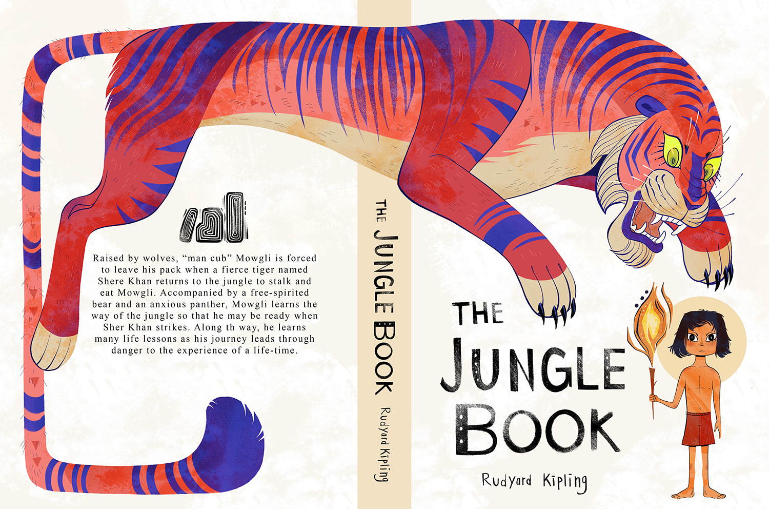 Illustrated book cover for The Jungle Book. Sher Khans body wraps from the back cover to the front. Mowgli stands on the front cover next to the title, holding a torch.