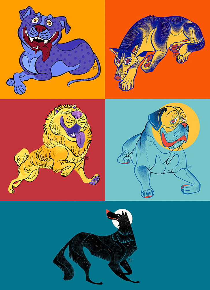 An image of six dog illustrations.