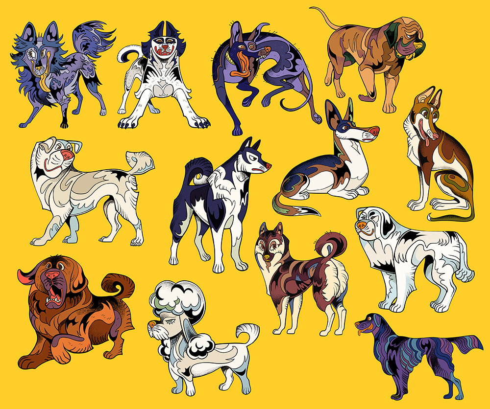 Image of 13 dog illustrations on a yellow background.