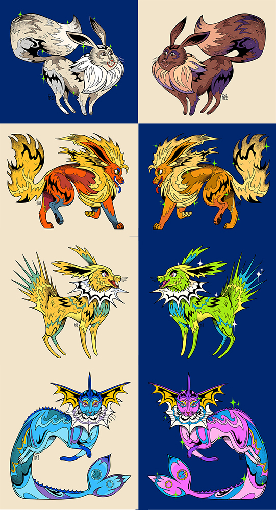 Illustrations of normal and shiny version for Jolteon, Flareon, Vaporeon, and Eevee.