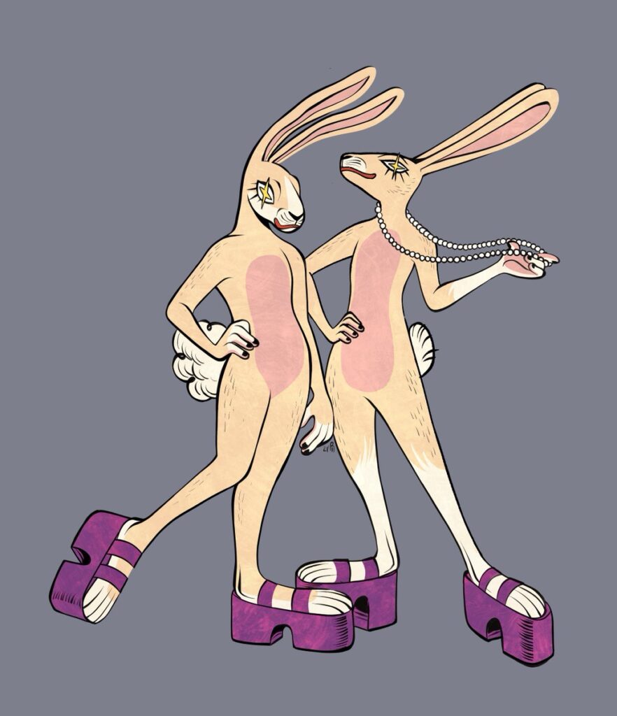 Illustration of two bipedal beige rabbits wearing purple high heel wedges. The rabbits have yellow stars in their eyes and the right rabbit wears a long white pearl necklace.