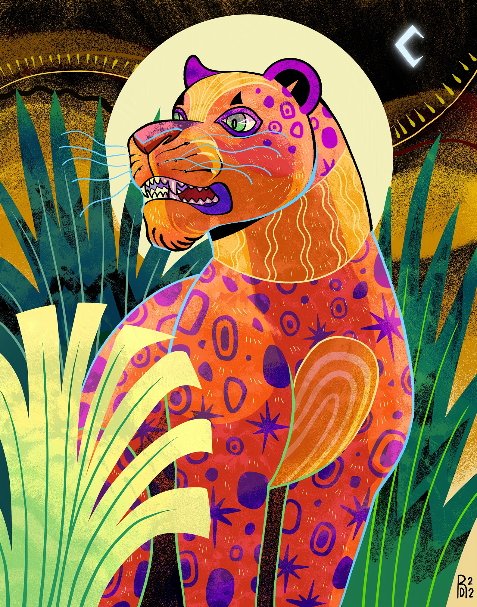 Orange leopard at night illustration