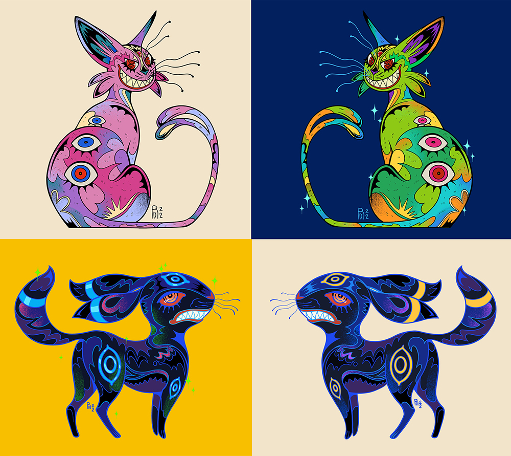 Illustrations of normal and shiny version for Espeon and Umbreon.