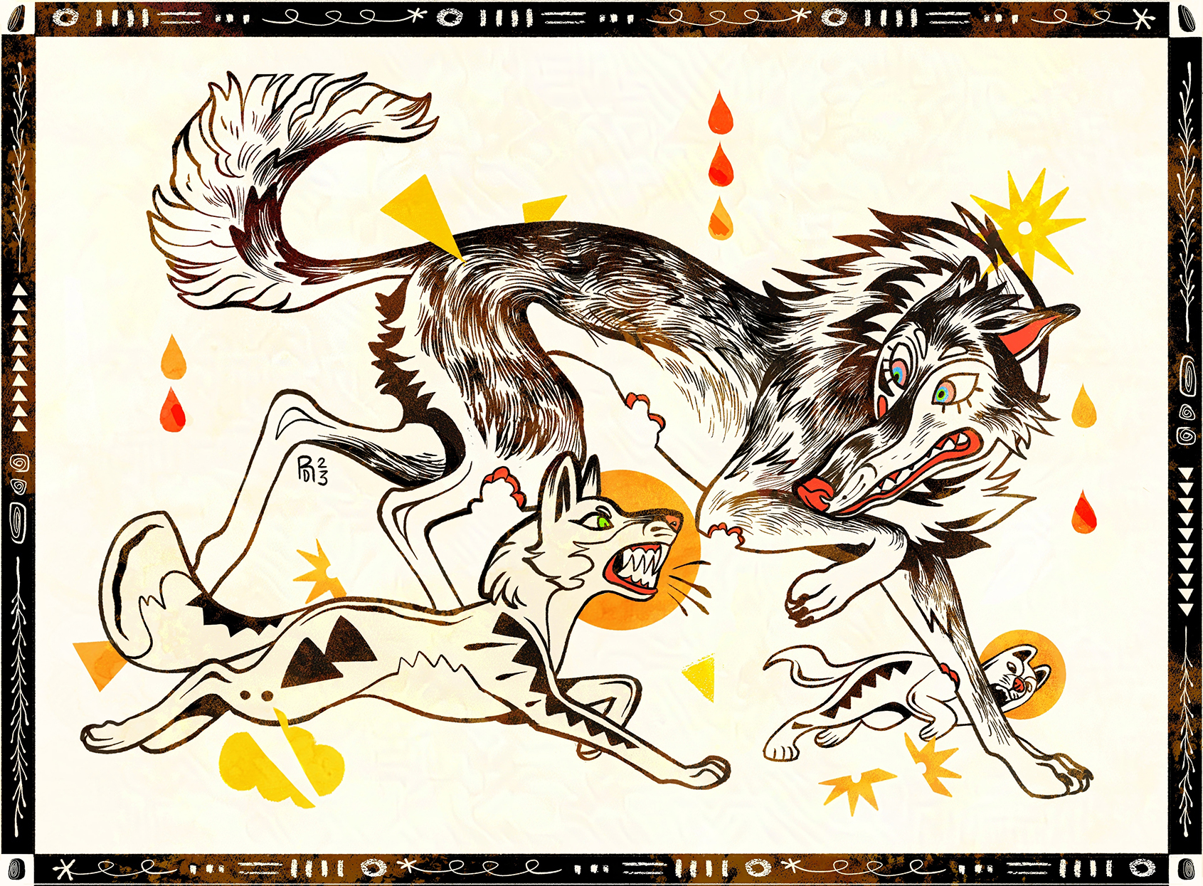 Black and white Illustration of a wolf, fox, and a small dog. The small dog and fox bite at the wolf's ankles, taking small chunks out of it.