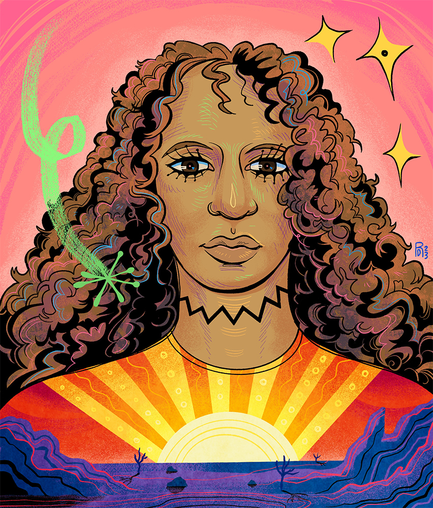 A woman with curly brown hair wearing the sunset on her shirt.