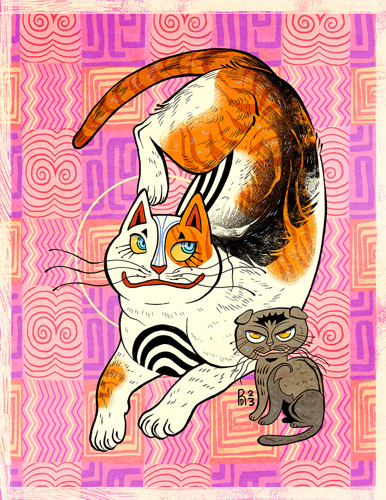 Ginger tabby with gray scottish Fold cat illustration