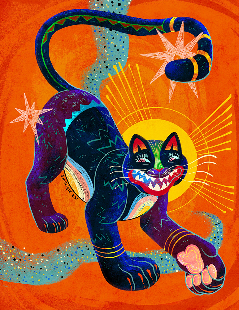 “All that glitters” – black and purple cat illustration
