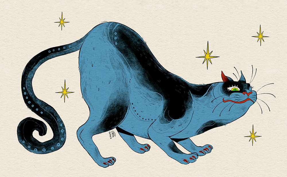 Blue and black cat illustration