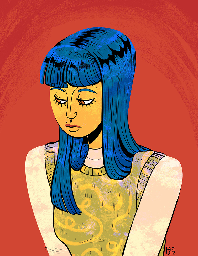 An illustration of a girl with blue hair and a green sweater vest.