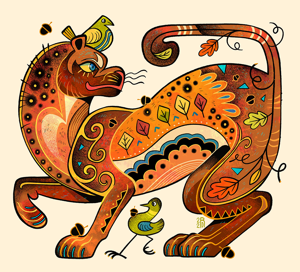 A brown, orange, and yellow Jaguar with two green birds; one on it's head and one at it's feet. The Jaguar's fur is Autumn themed.