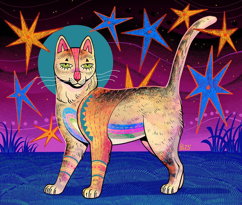 Beige cat with blue and orange stars – illustration