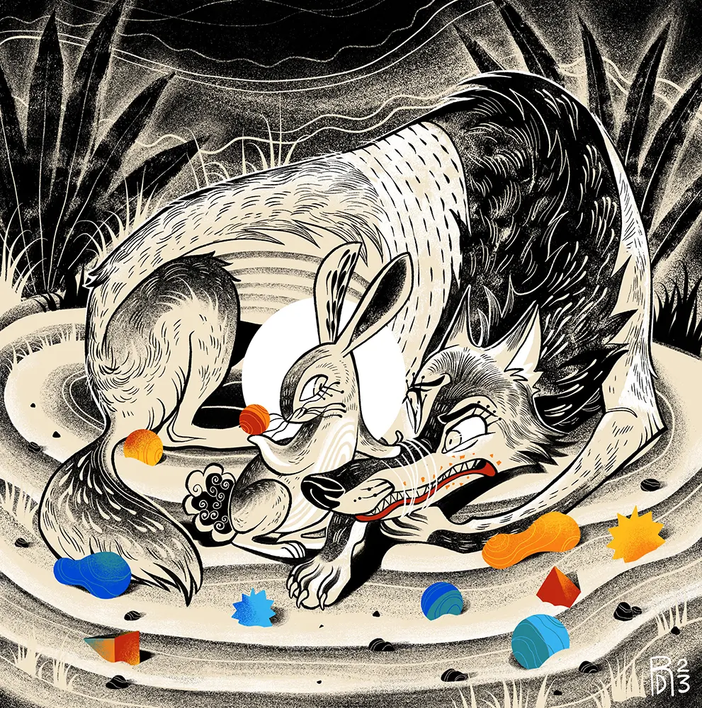 “Caught up” – wolf and rabbit illustration