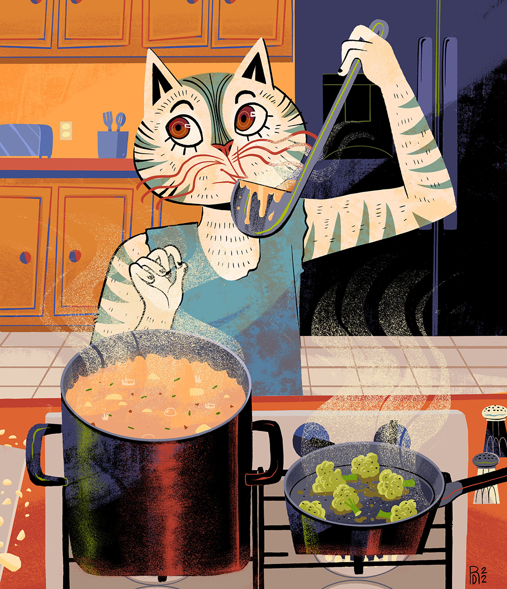 “Chef” – cat cooking food illustration