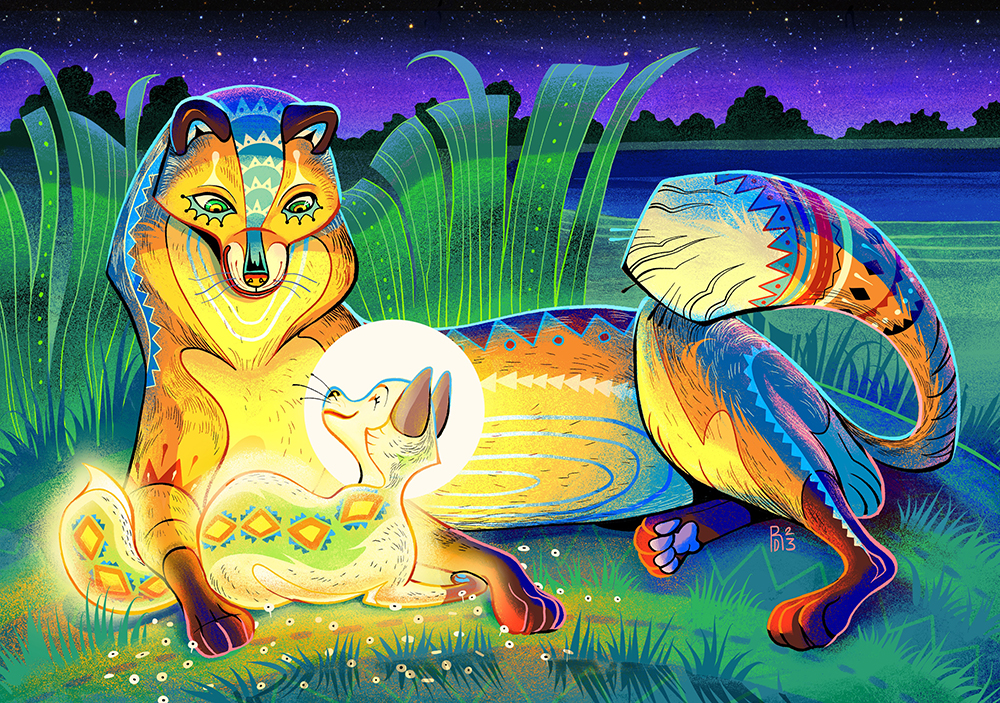 Illustration of a mother fox lovingly looking at her pup, who is the light of her life.