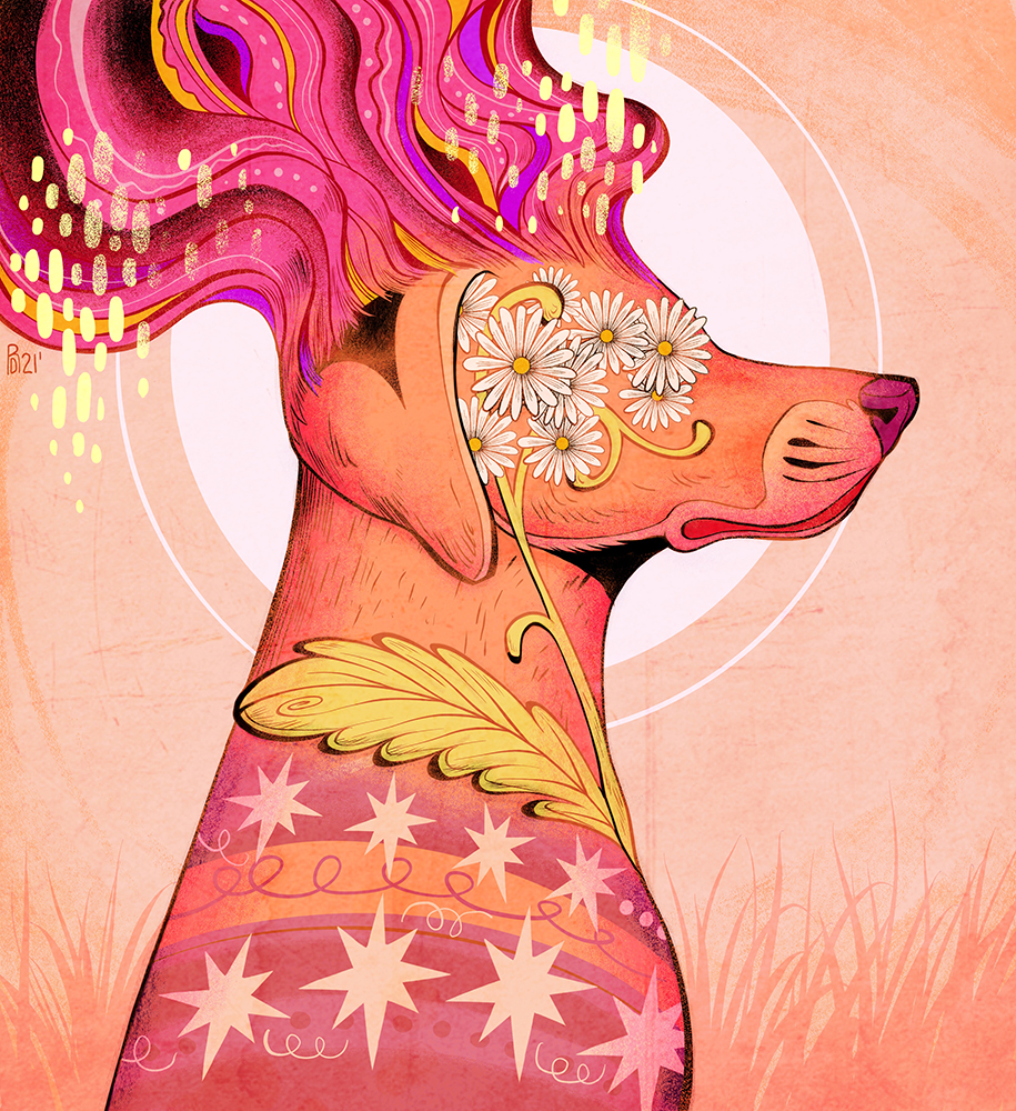 “Creepin’ in my dreams” – pink dog illustration