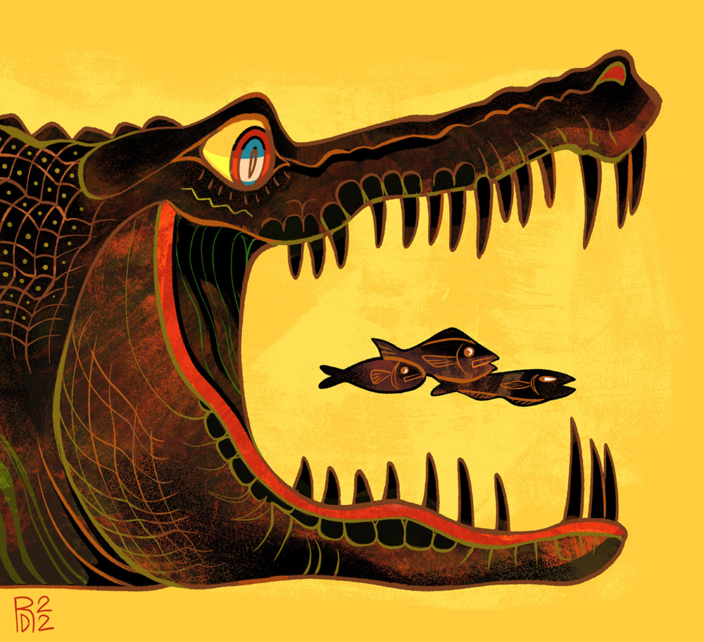 “Crush” – crocodile with it’s jaws over fish illustration