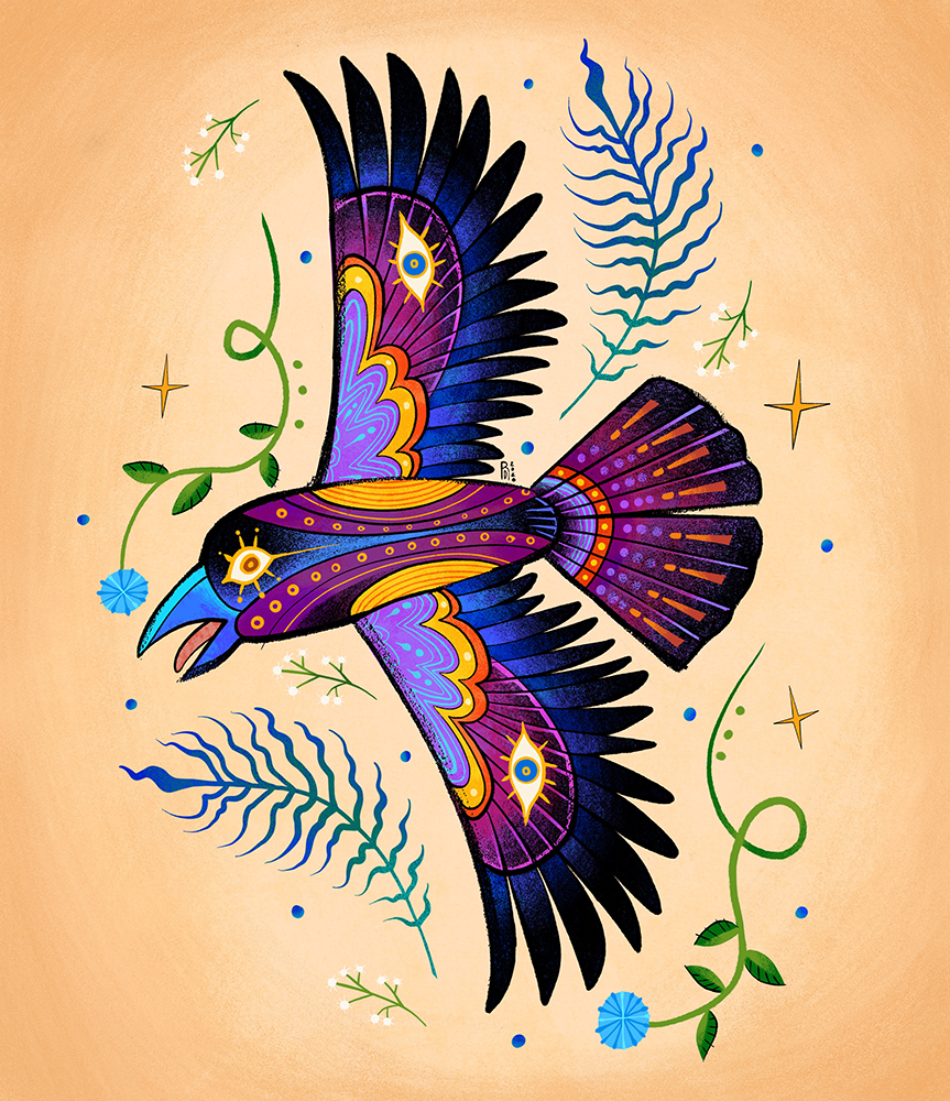 Purple and blue crow illustration