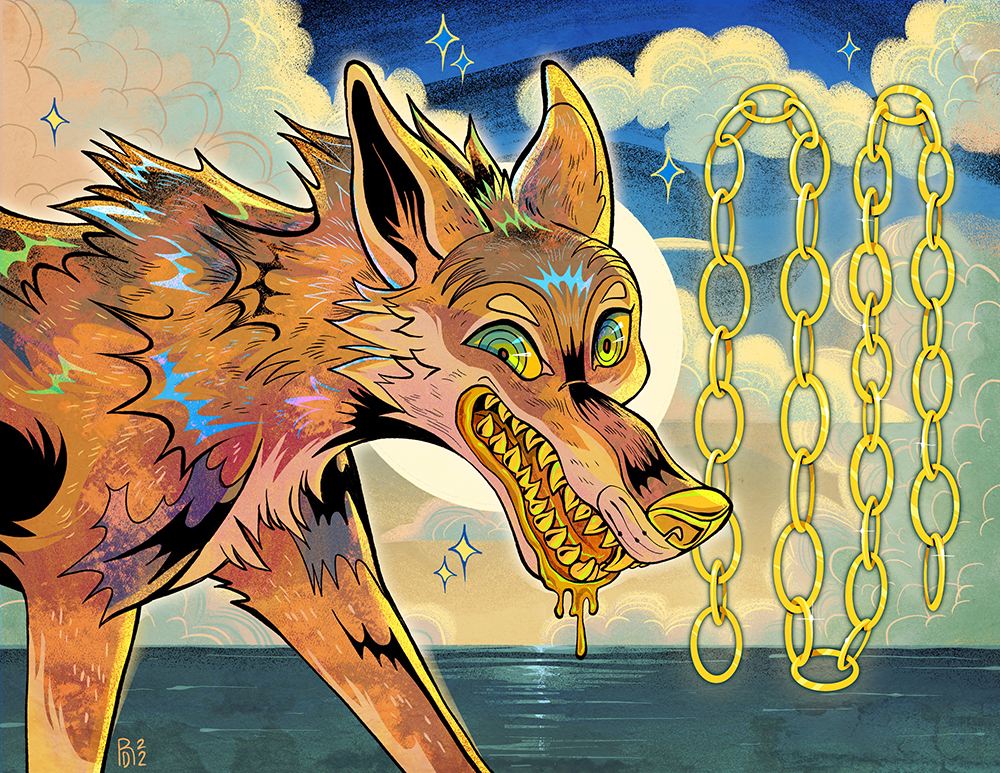 “Drippin” – coyote with gold teeth illustration