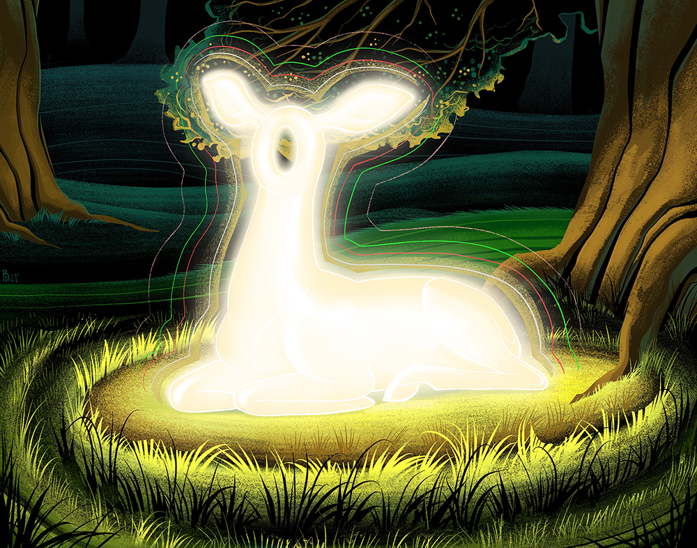 “Essence” – glowing deer in the forest illustration