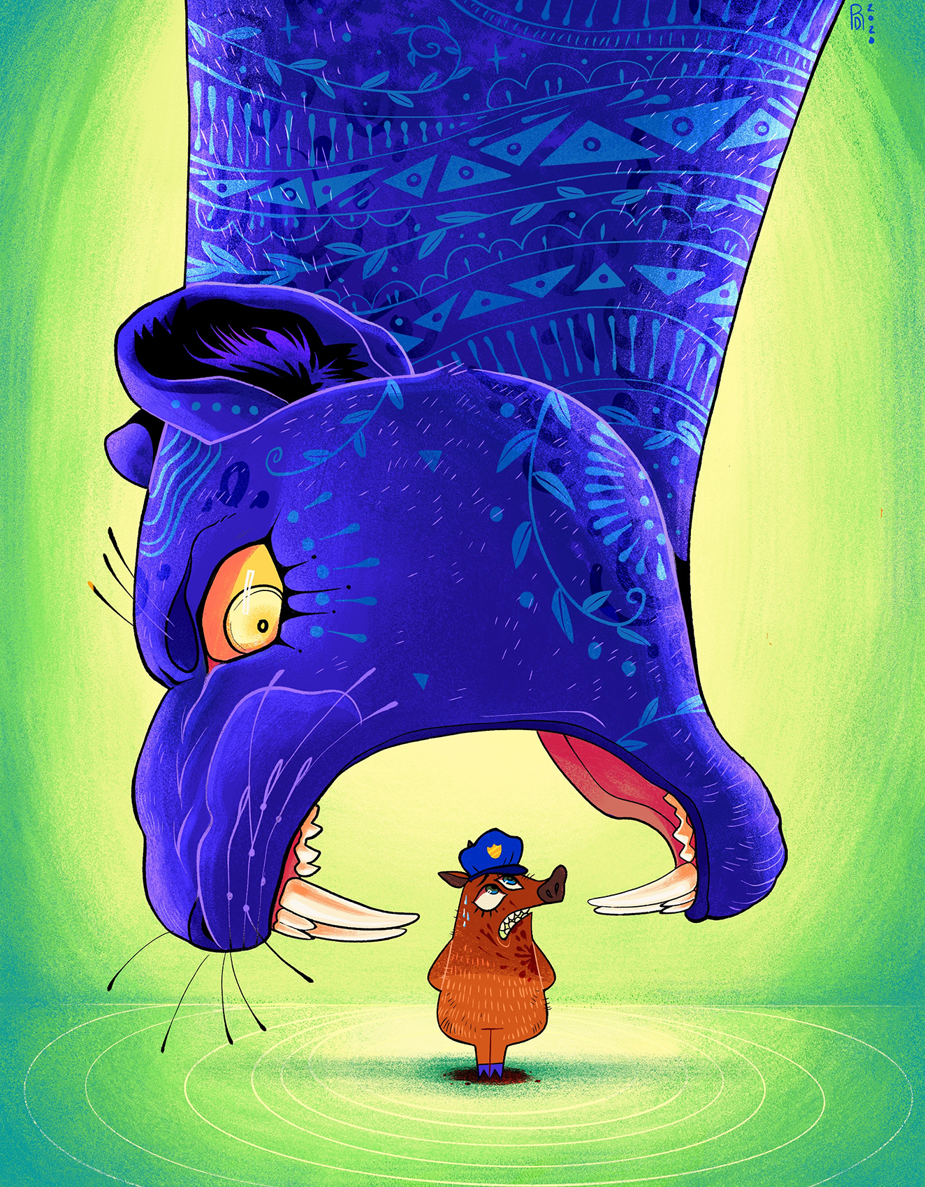 A large purple panther hovers it's jaws over a small "pig" officer.