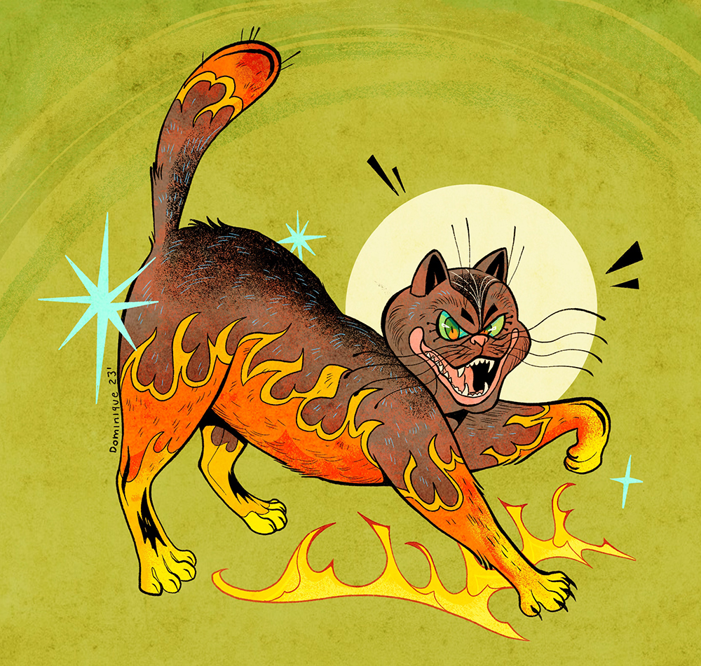 Flame: grey persian with decorative flames illustration