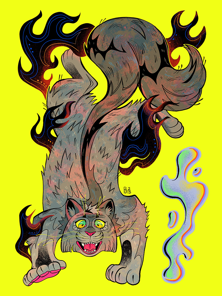 A gray cat with black flames coming from it's body and silver liquid floating next to it.