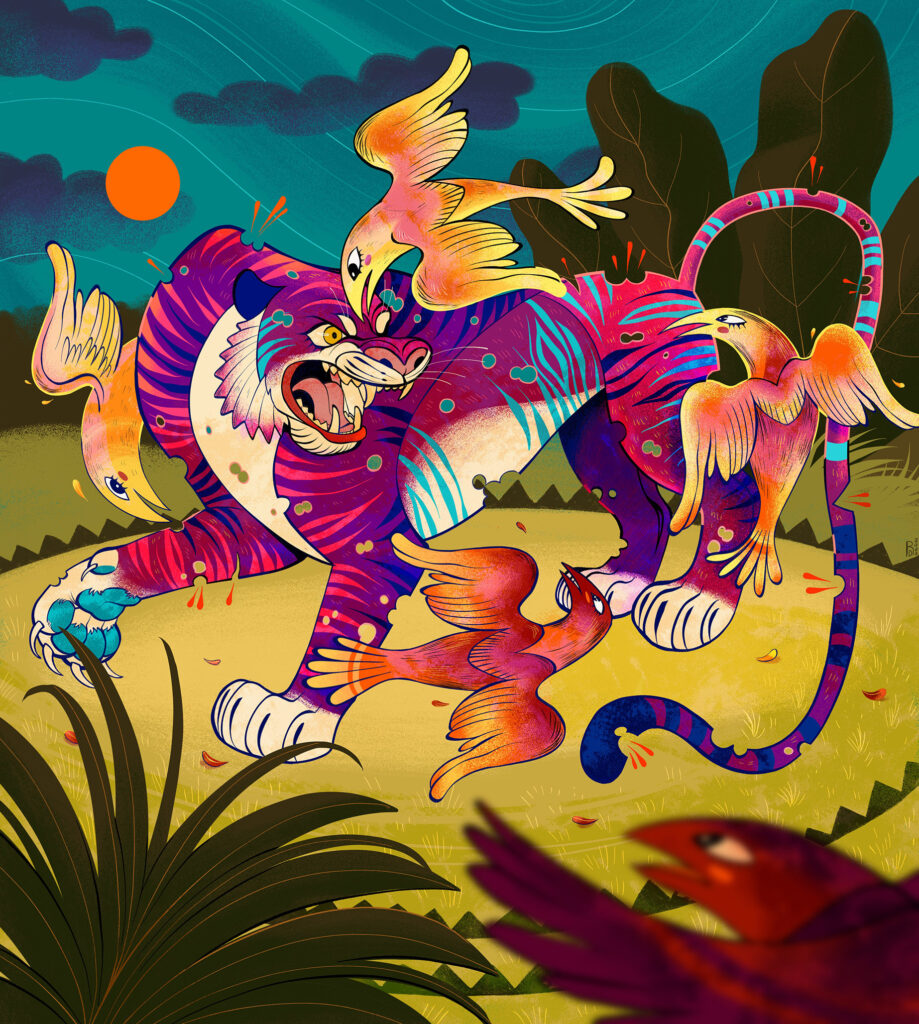 A pink and purple tiger get attacked by multiple birds at once as the hot jungle sun burns overhead.