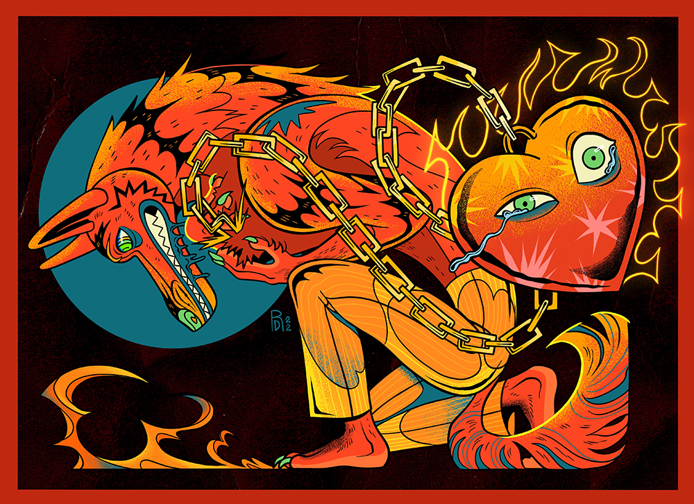 “Heartburn, burning in my soul” – red wolf and heart illustration