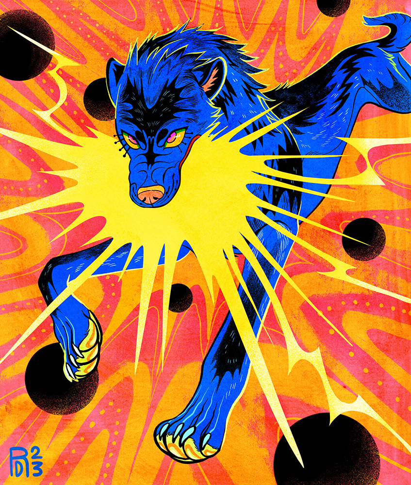 “Hit it again” – blue wolf biting light illustration