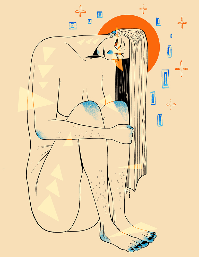 “Ice Box” – woman with orange and blue stars illustration