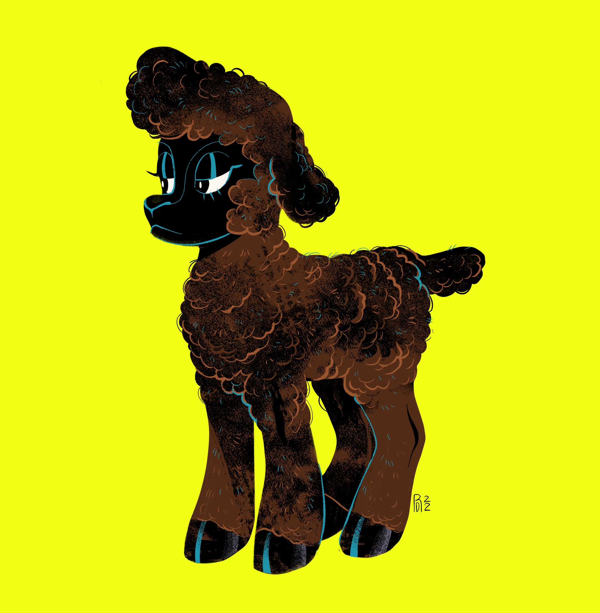 Illustration of a black lamb with brown wool on a yellow background.