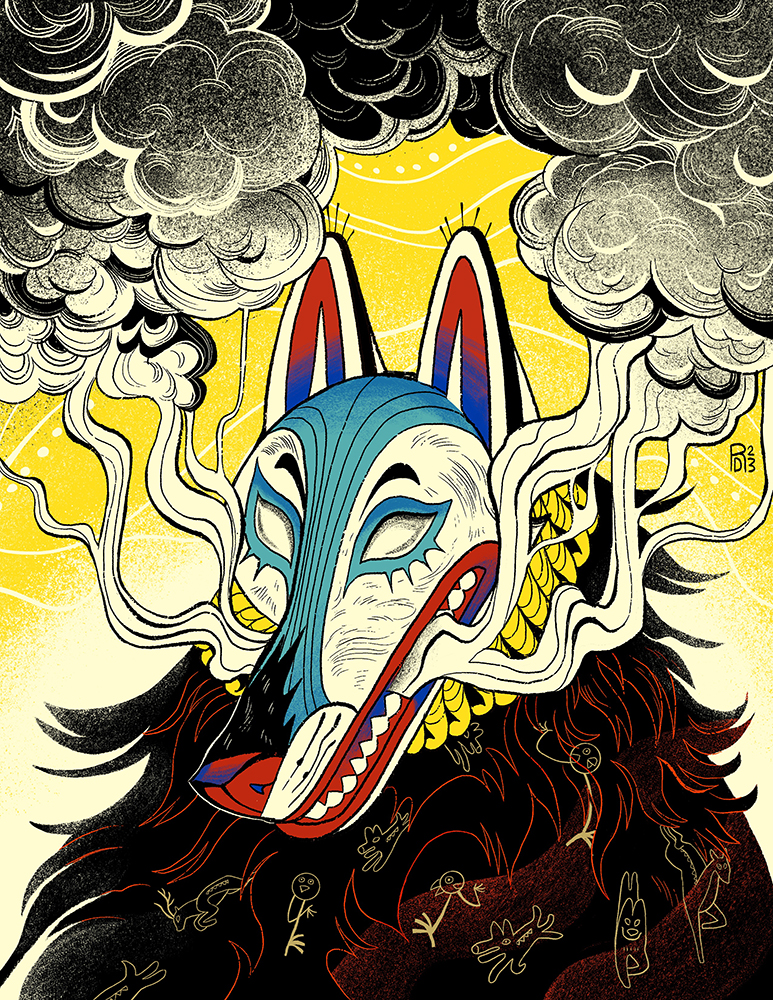 A creature with a blue, white, and red wolf mask breathes out smoke. Animals run away from it.