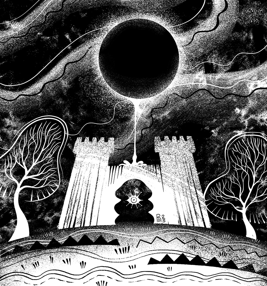 A black and white castle with an eyeball in the middle of it. An eclipse can be seen above it in the sky.