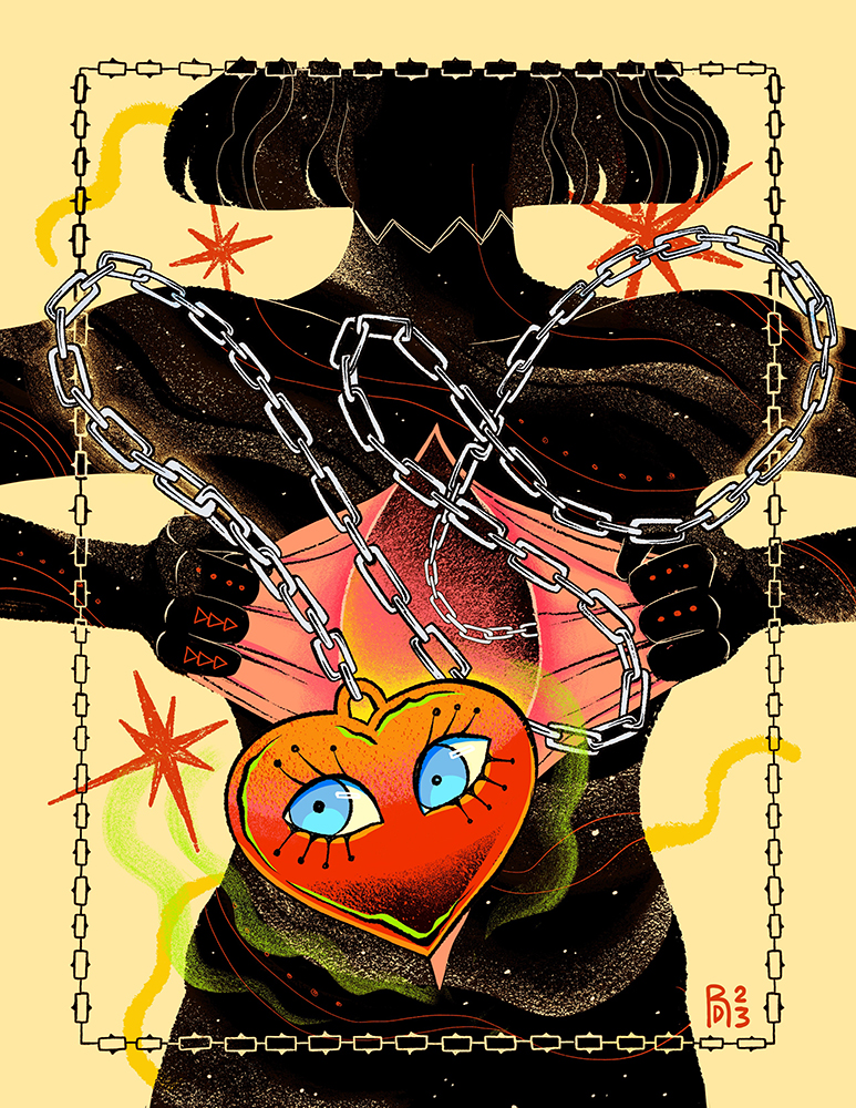 The black silhouette of a woman opening up her chest to reveal her heart on a chain.