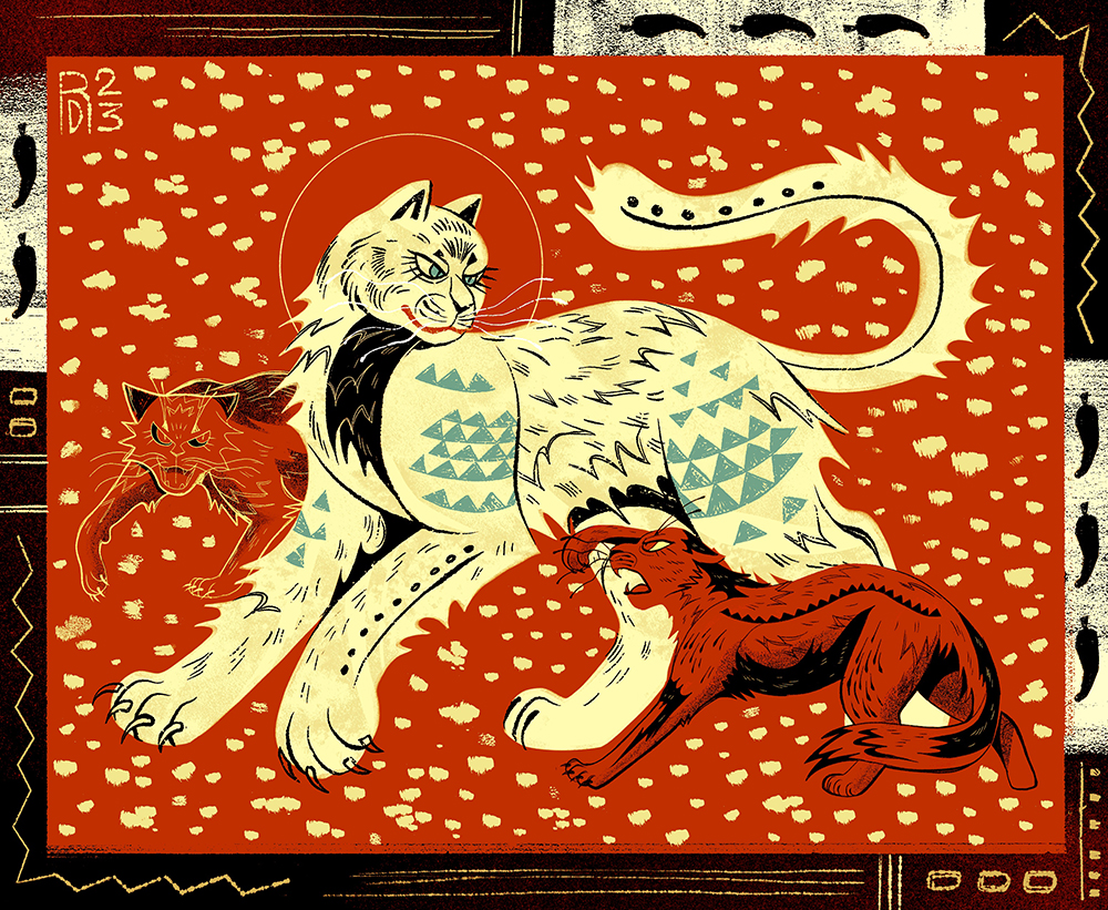 A beige colored cat fighting off two smaller red cats.