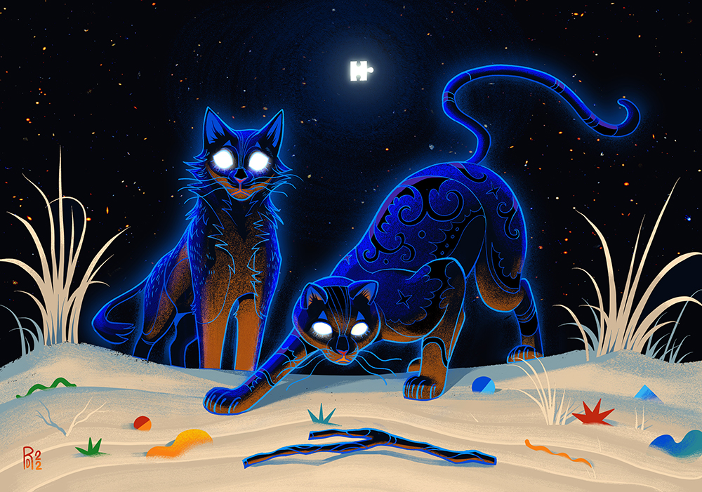 “Jam Tonight” – two blue and black cats at night illustration