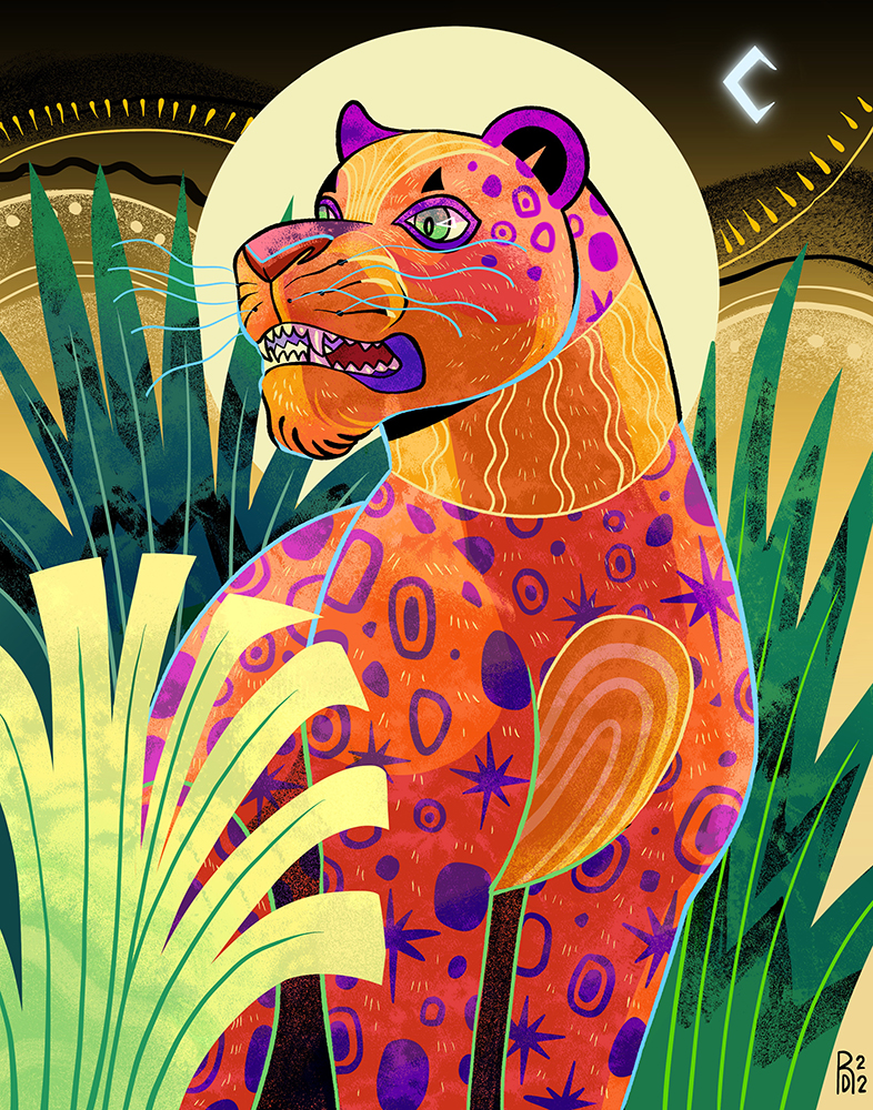 Orange leopard at night illustration