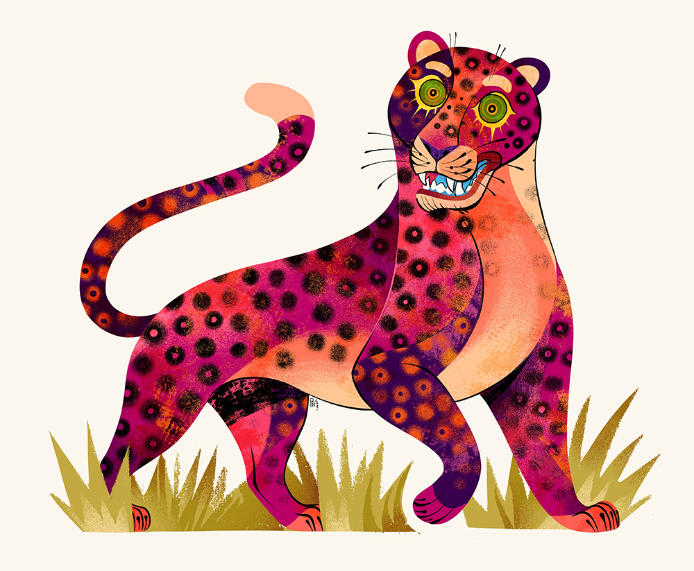 Pink Leopard in the grass illustration