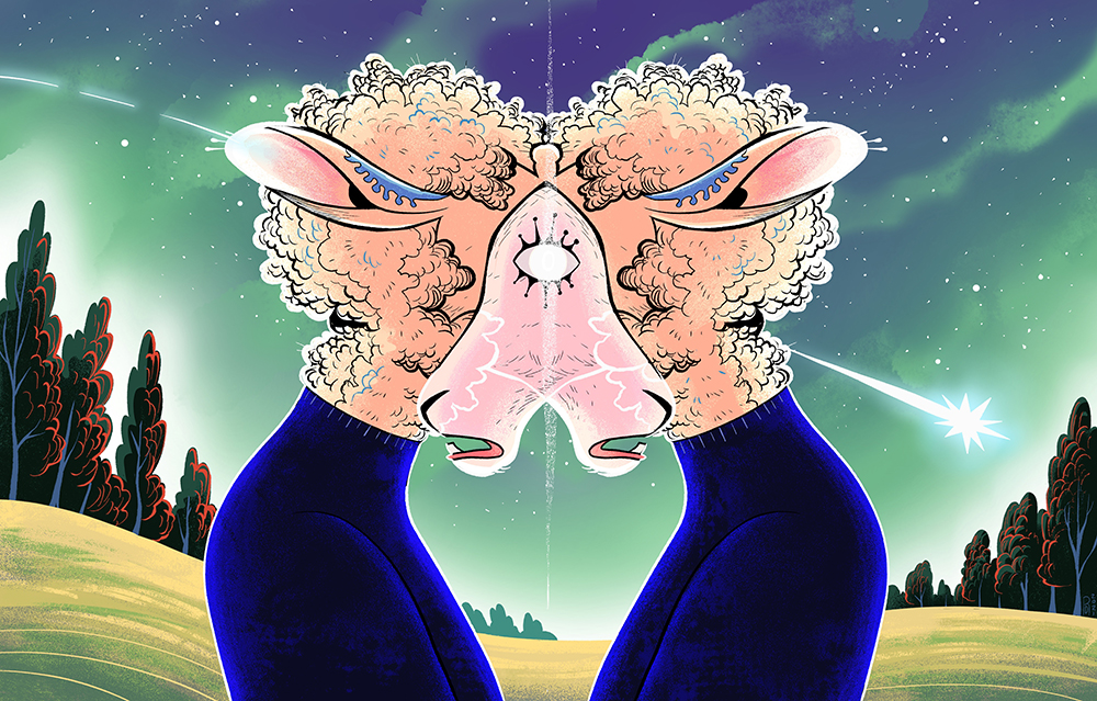 “Magic moments” – two sheep merging together illustration