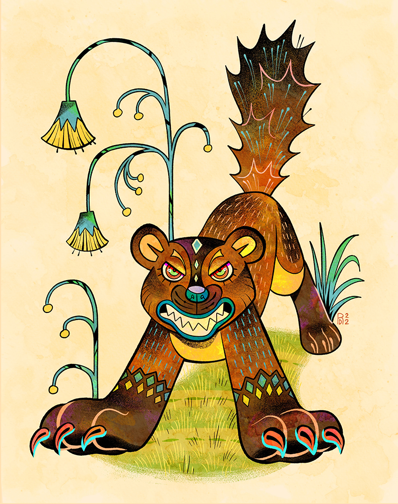 Marten! – brown mustelid with plants illustration