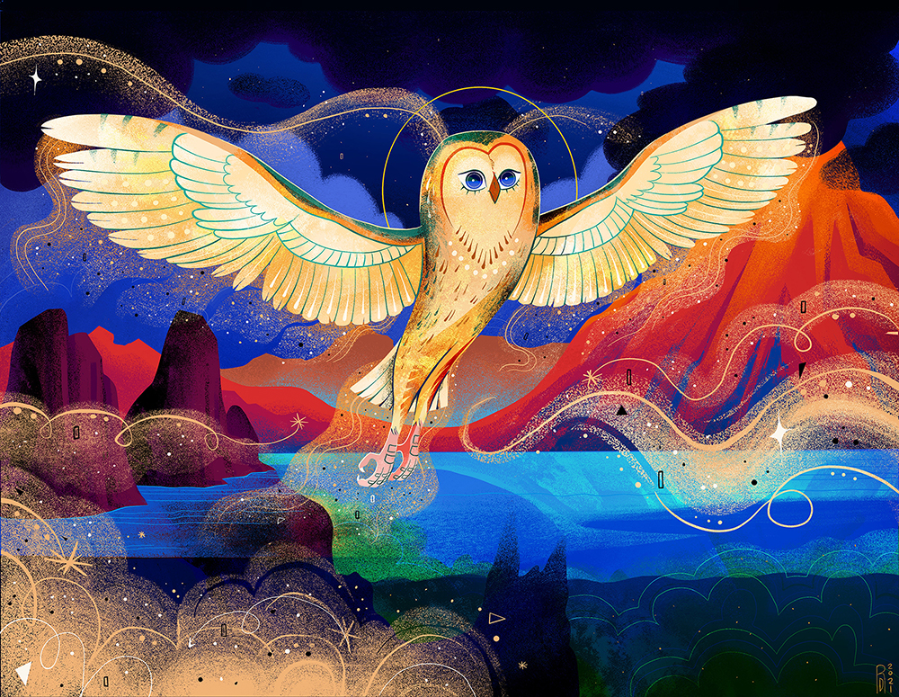 “Mr. Sandman” – owl flying over lake illustration