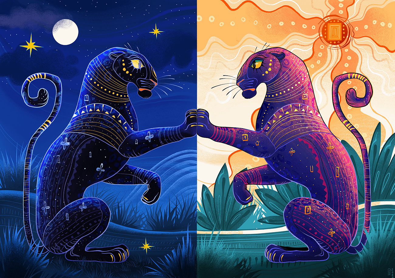 A black panther under a moon, and a purple panther under the sun touch paws.