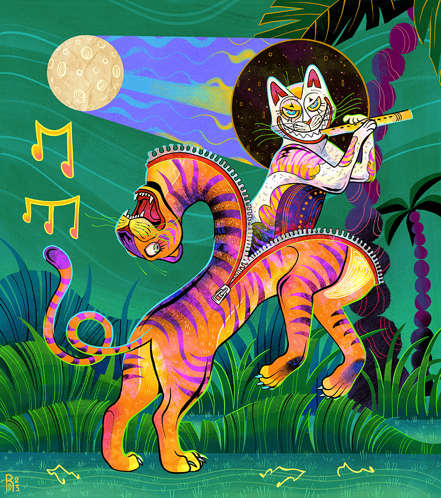 “Playful as a pussy cat” – cat playing a flute with tiger illustration