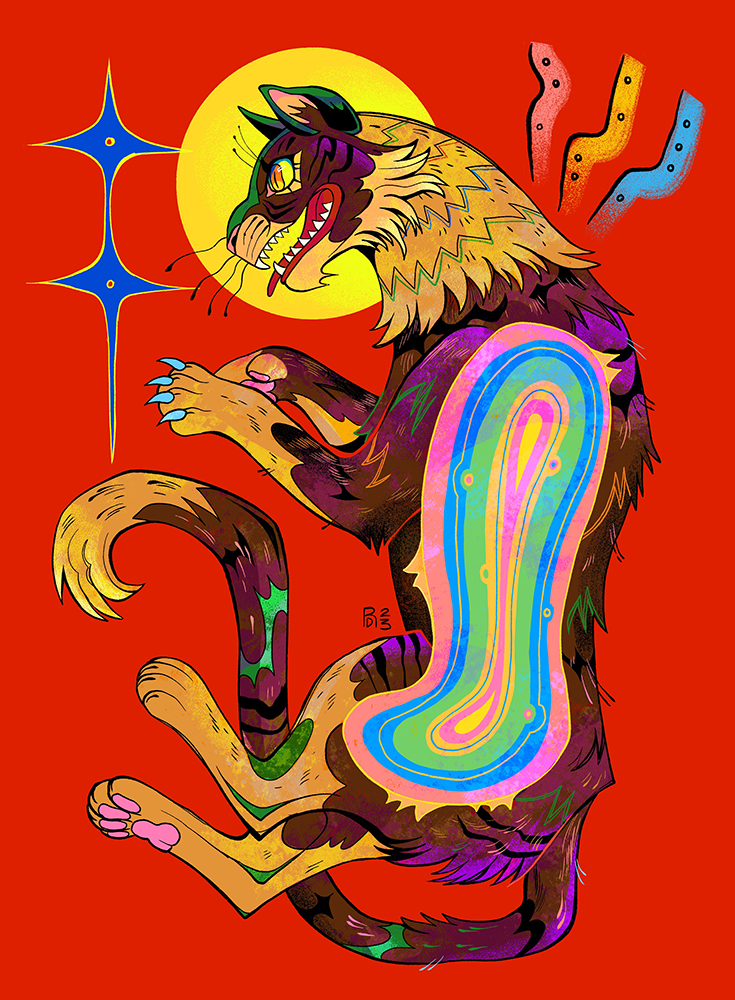 Illustration of a brown tabby with it's side sliced open, revealing a colorful geode underneath.