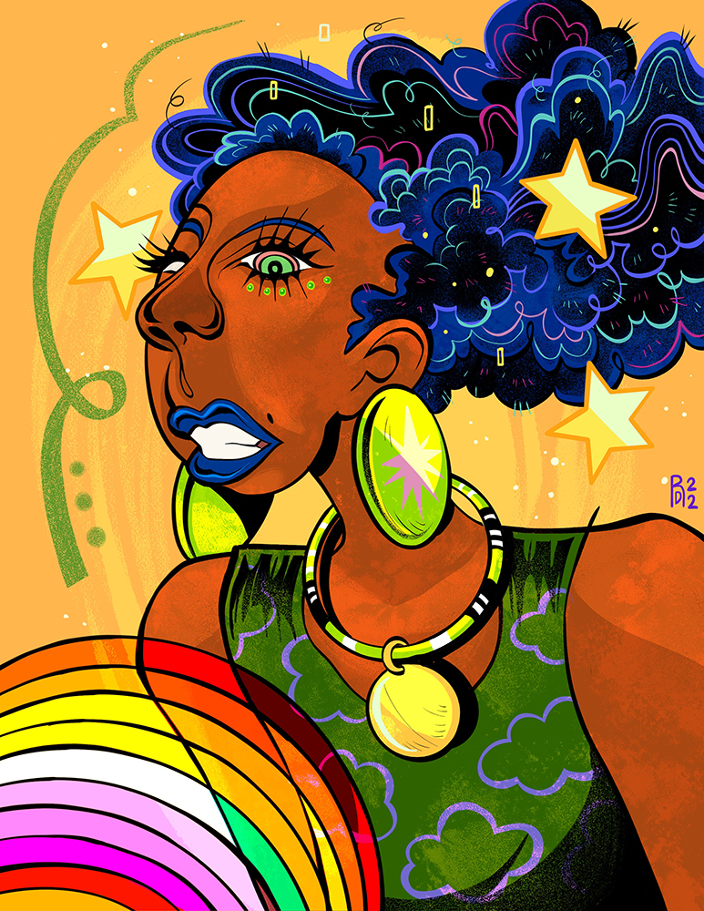 Illustration of a black woman wearing a green shirt, jewelry, and has a blue afro.