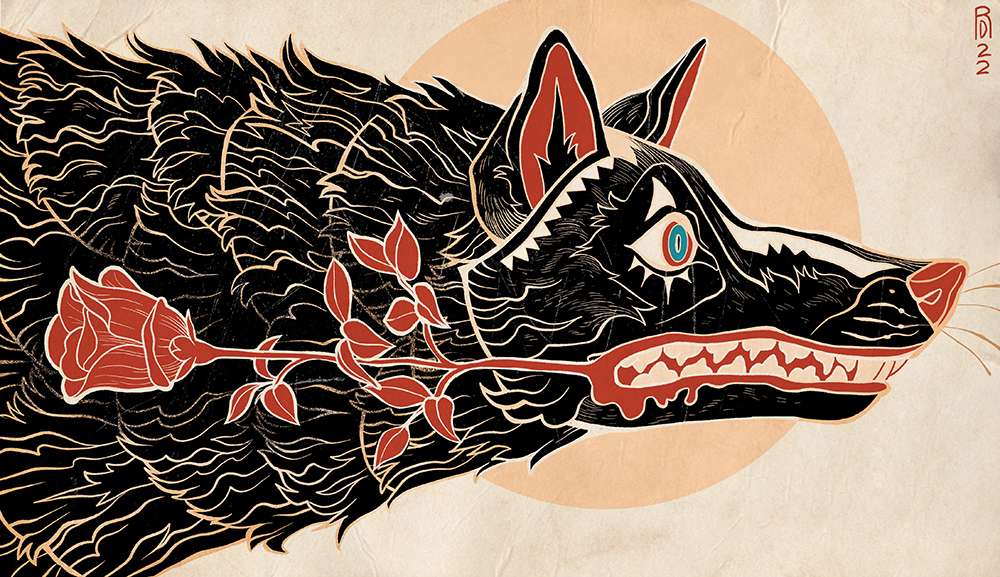 “Rambling Rose” – black wolf with rose in throat illustration