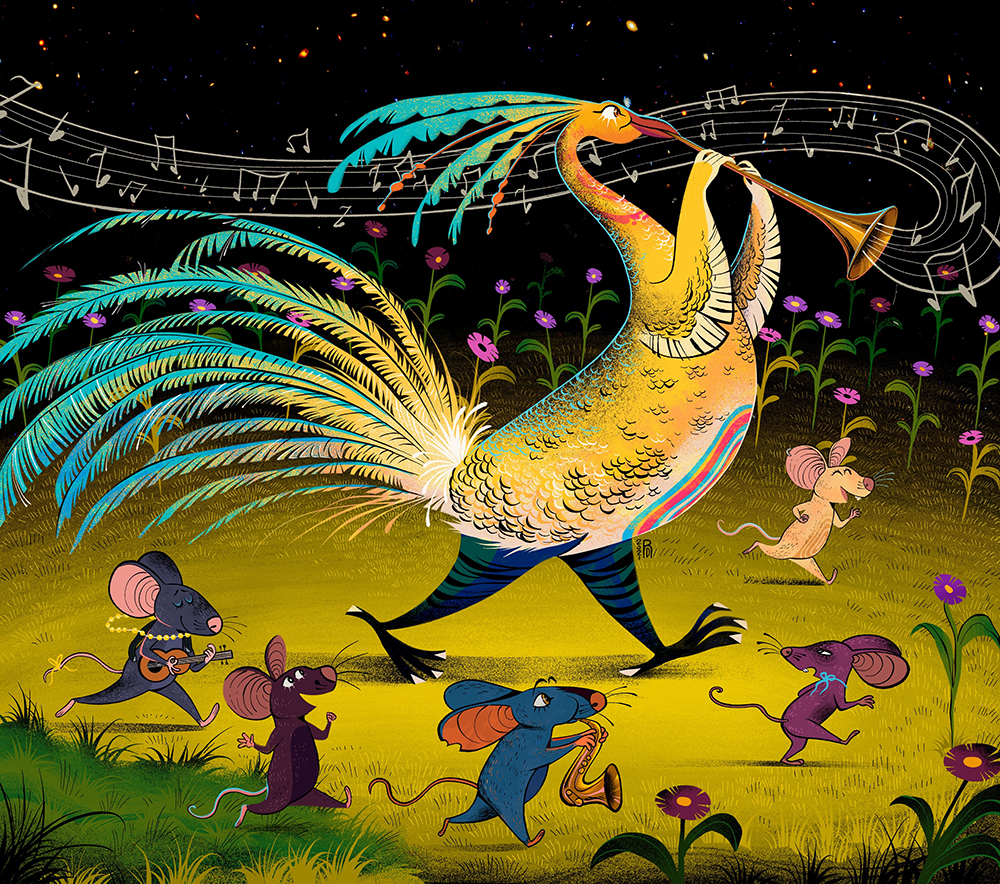 “Randy’s song” – yellow bird with mice illustration