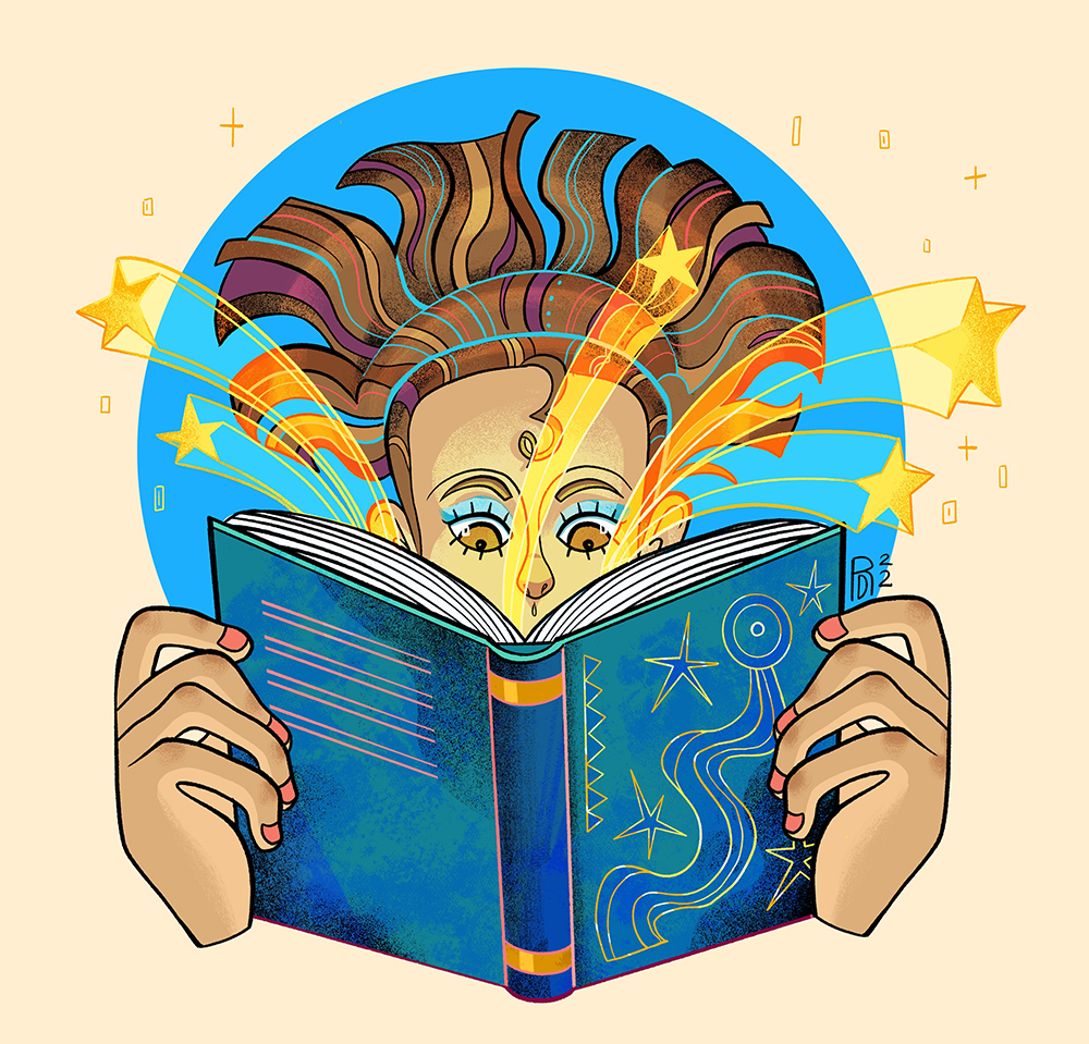 “Reading” – girl reading book illustration