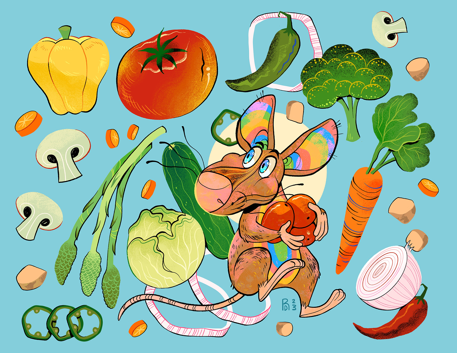 A mouse eating cherry tomatoes surrounded by broccoli, mushrooms, carrots, peppers, cucumber, asparagus, onions cabbage, and potato bits.